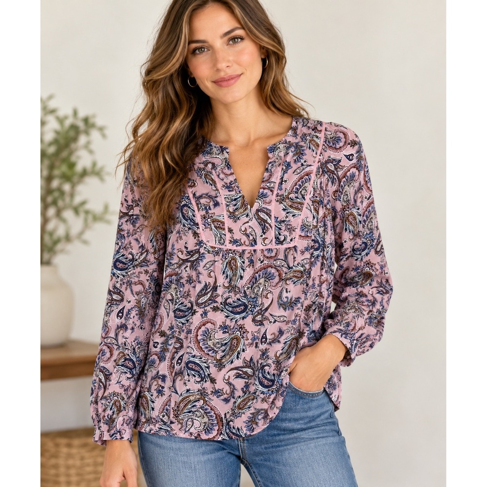J. Jill Pink Paisley Print Boho Blouse Long Sleeve Tunic Top XS